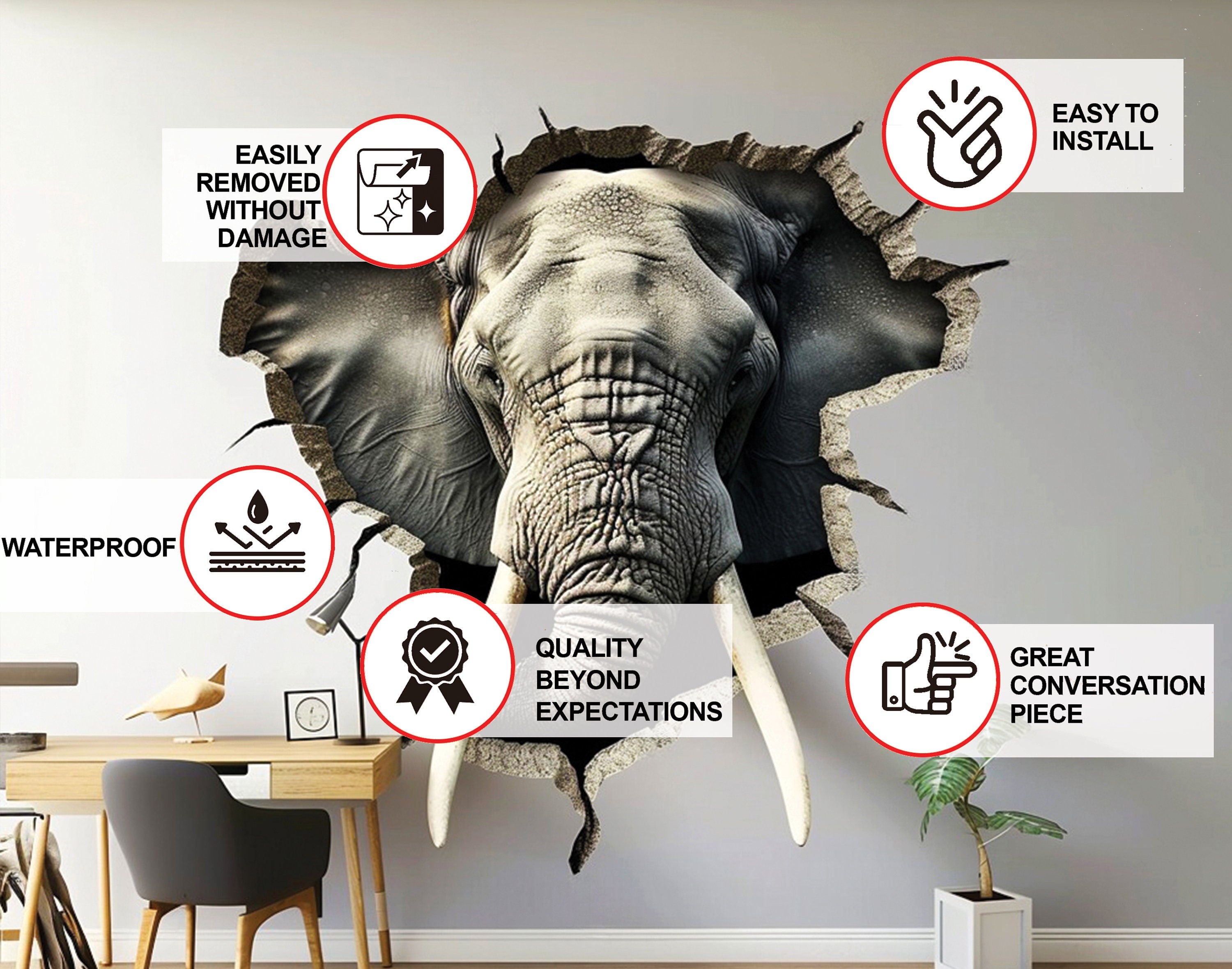 3D Elephant Head Wall Sticker - Realistic Broken Illusion Effect Vinyl Decal - Thumbnail 5