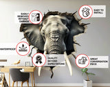 3D Elephant Wall Decal - Realistic Broken Hole Illusion Vinyl Sticker
