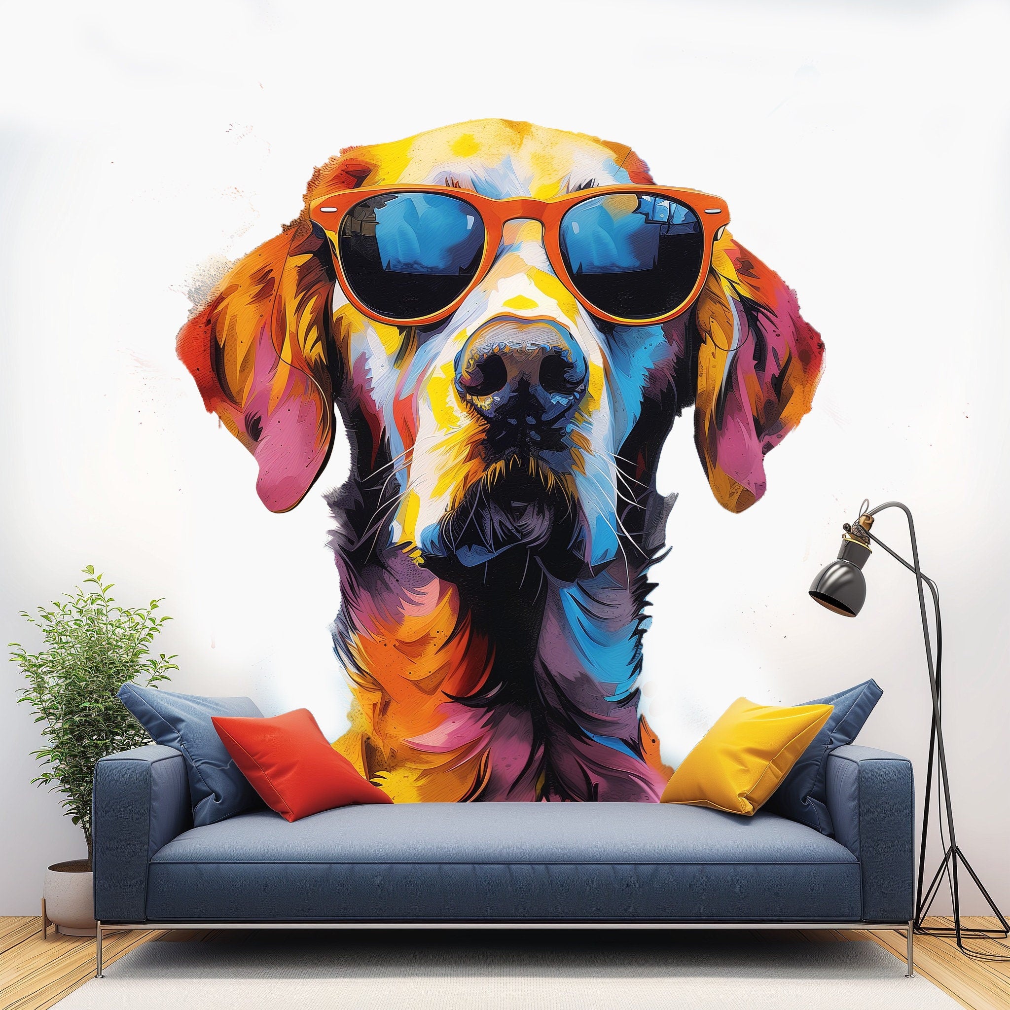 Colorful Watercolor Golden Retriever in Glasses Wall Sticker - Thumbnail 4