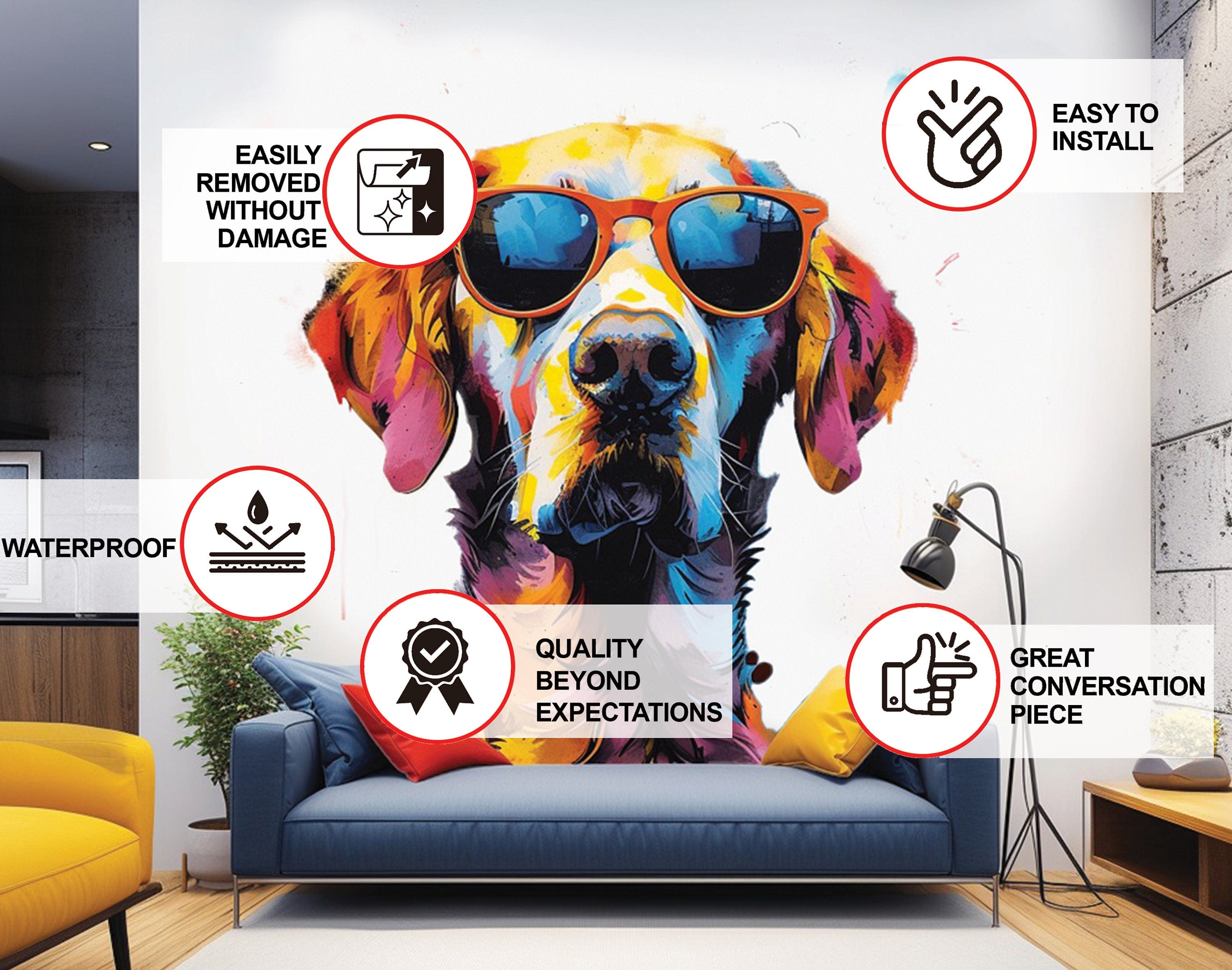 Colorful Watercolor Golden Retriever in Glasses Wall Sticker - Thumbnail 2