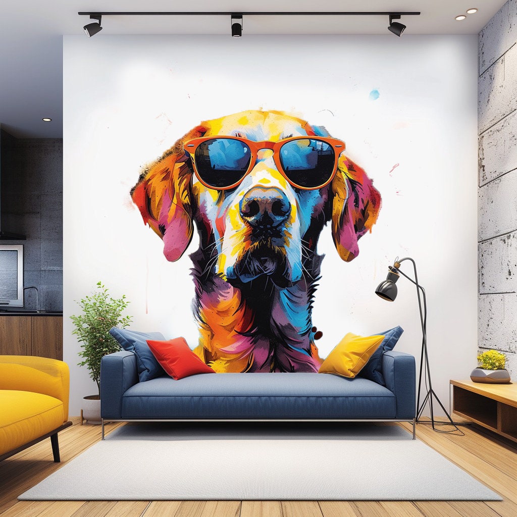 Colorful Watercolor Golden Retriever in Glasses Wall Sticker