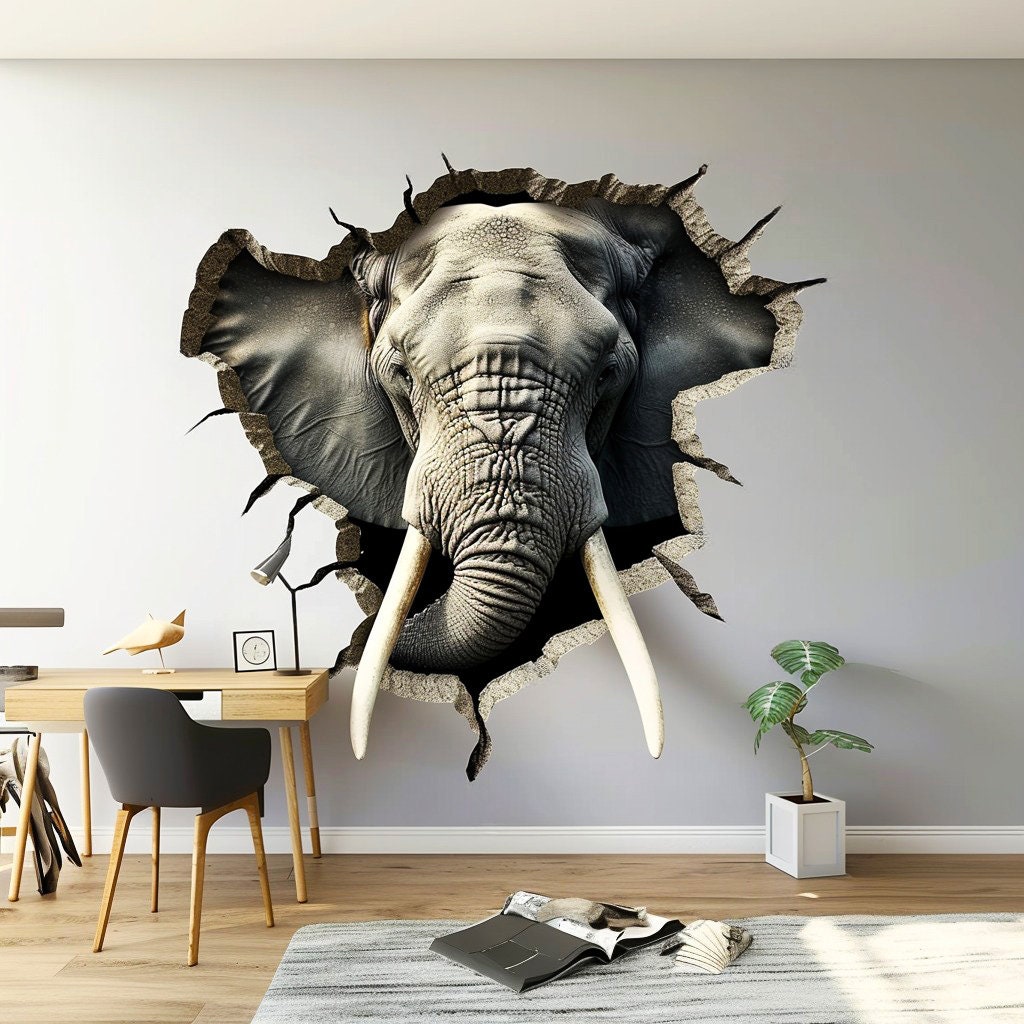 3D Elephant Head Wall Sticker - Realistic Broken Illusion Effect Vinyl Decal - Thumbnail 3