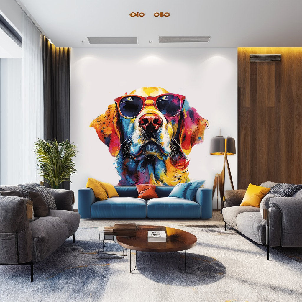 Golden Retriever with Sunglasses Wall Decal - Expressive Watercolor Dog Sticker for Vibrant Room Decor