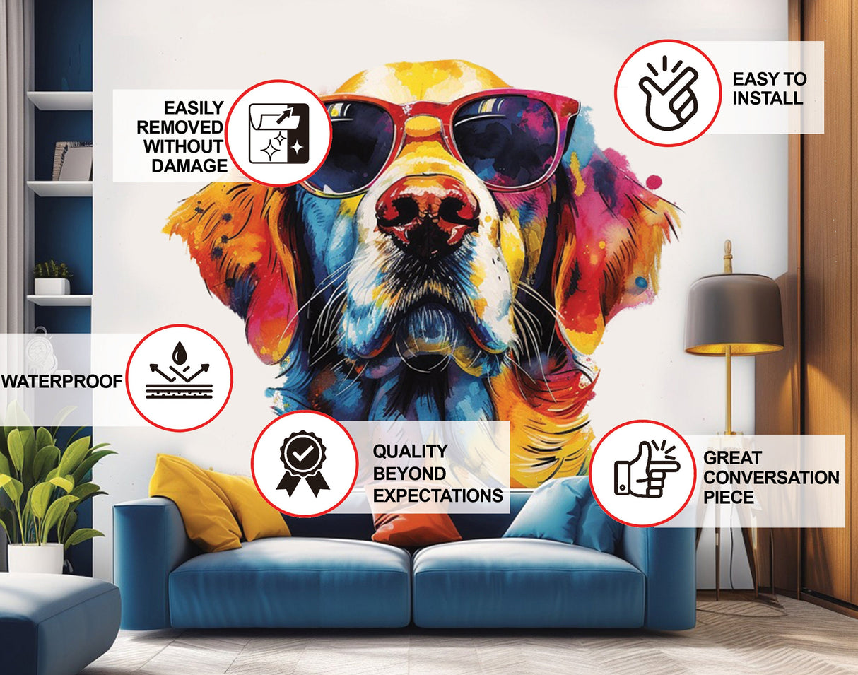 Golden Retriever with Sunglasses Wall Decal - Expressive Watercolor Dog Sticker for Vibrant Room Decor