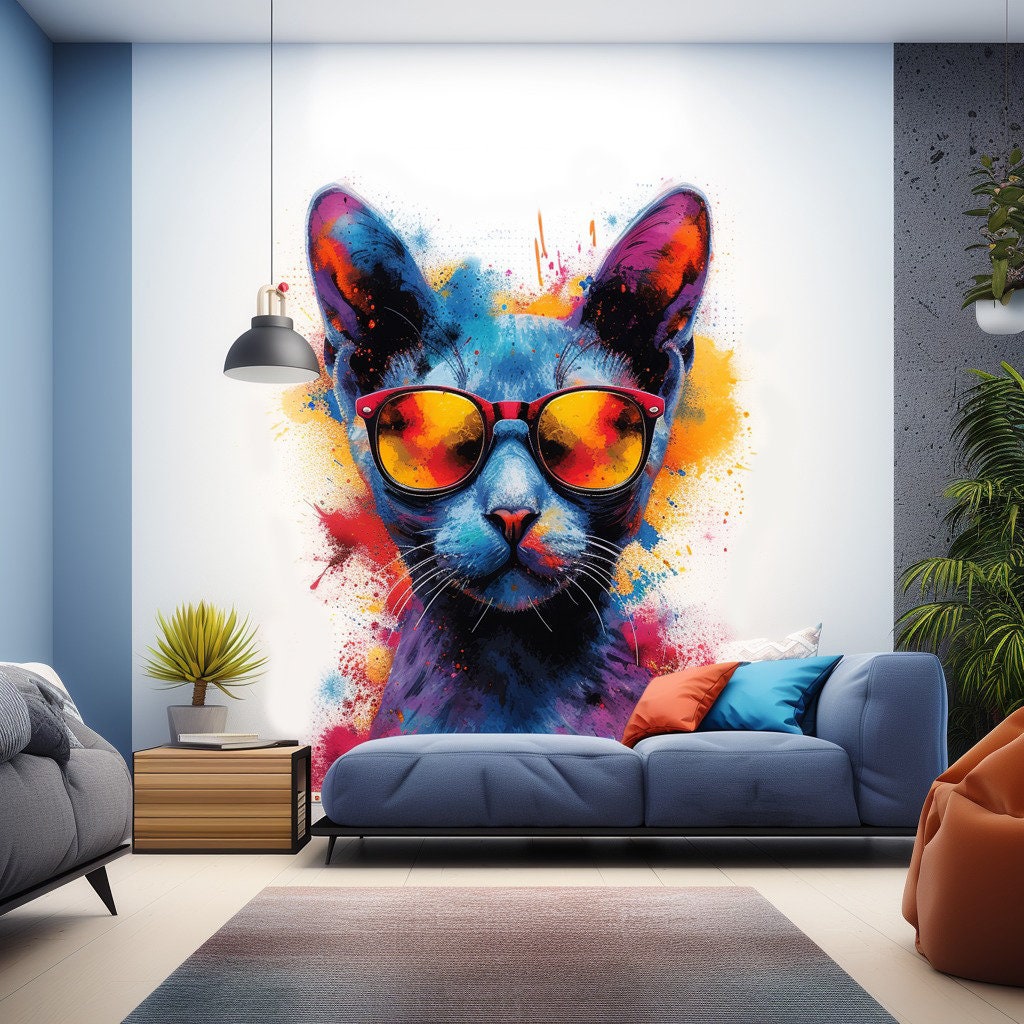 Colorful Watercolor Cat in Glasses Wall Decal - Thumbnail 2