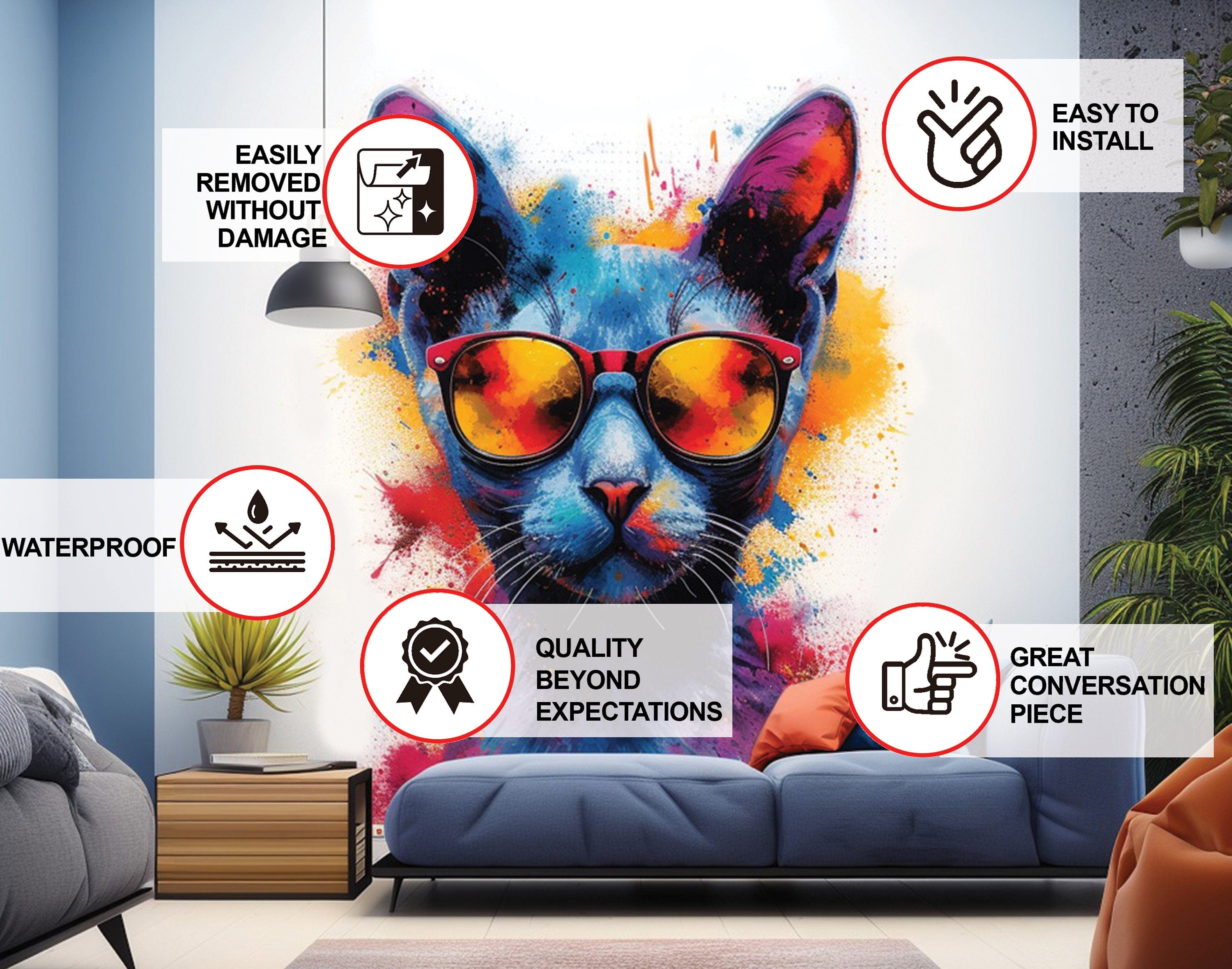Colorful Watercolor Cat in Glasses Wall Decal - Thumbnail 5