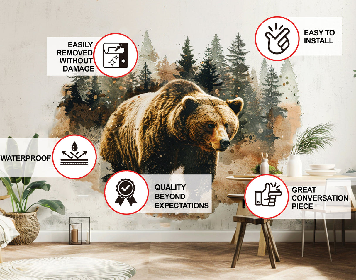 Bear in Forest Wall Sticker - Textured Art Vinyl Nature Bruin Decal Mural