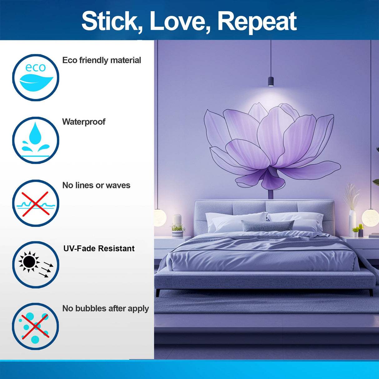 Purple Lotus Flower Wall Decal - Tranquil Peel and Stick Floral Art for Bedroom Sticker Decor
