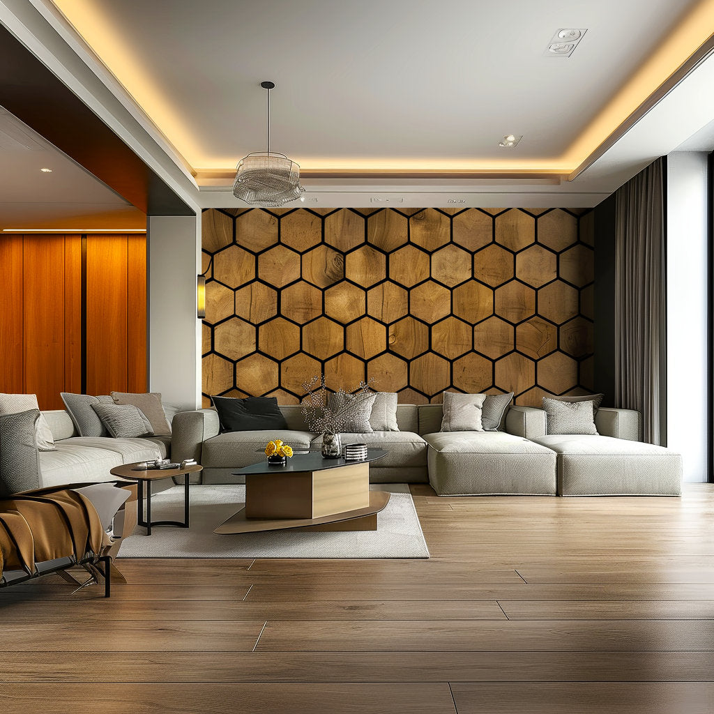 Hexagon Wallpaper Decals - Self-Adhesive Wooden Hexagon Wall Design, Black and Wood Design Honeycomb Stickers, Modern Geometric Room Decor