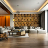 Hexagon Wallpaper Decals - Self-Adhesive Wooden Hexagon Wall Design, Black and Wood Design Honeycomb Stickers, Modern Geometric Room Decor