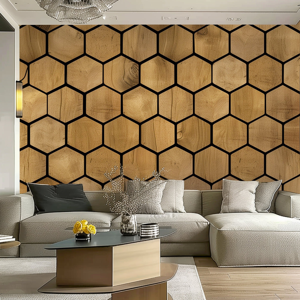 Hexagon Wallpaper Decals - Self-Adhesive Wooden Hexagon Wall Design, Black and Wood Design Honeycomb Stickers, Modern Geometric Room Decor