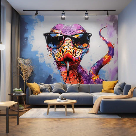 Vibrant purple snake wall decal in sunglasses, adding a bold and whimsical touch to modern living room decor.