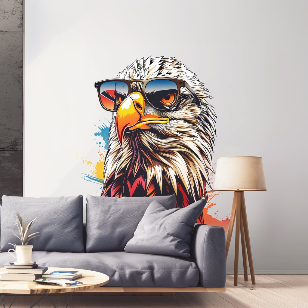 Bald Eagle with Sunglasses Wall Decal - Vibrant Watercolor Bird Sticker