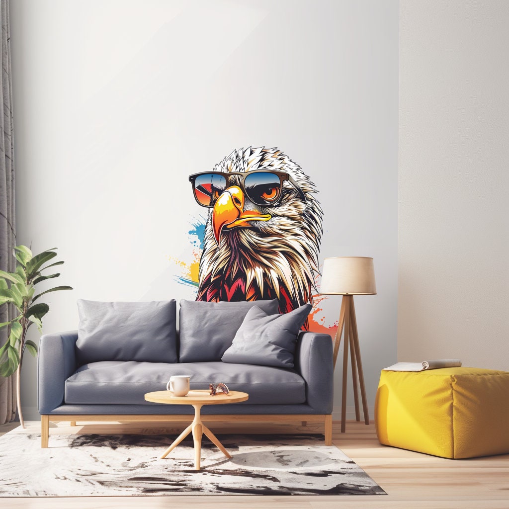 Bald Eagle with Sunglasses Wall Decal - Vibrant Watercolor Bird Sticker