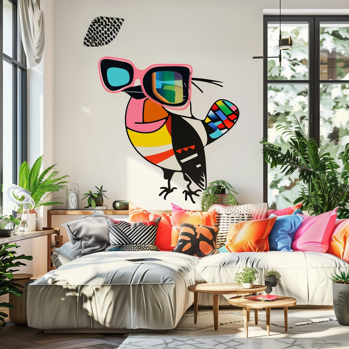 Downy Woodpecker in Glasses Street Art Style Wall Sticker Decals - Unique Room Decor for Bird Lovers