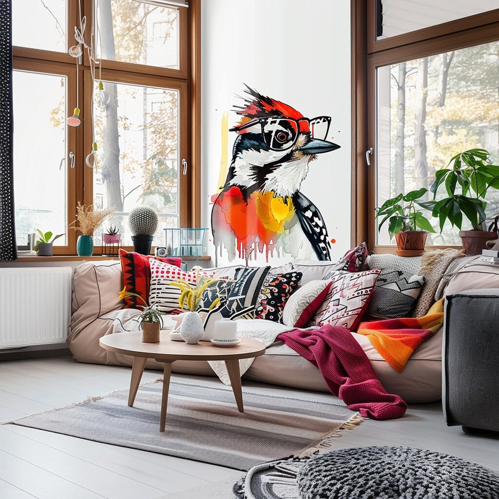 Downy Woodpecker in Glasses Watercolor Art Sticker Decals - Unique Room Decor for Nature Lovers