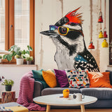 Downy Woodpecker Bird in Glasses Wall Sticker Decals - Colorful Art Style Room Decor