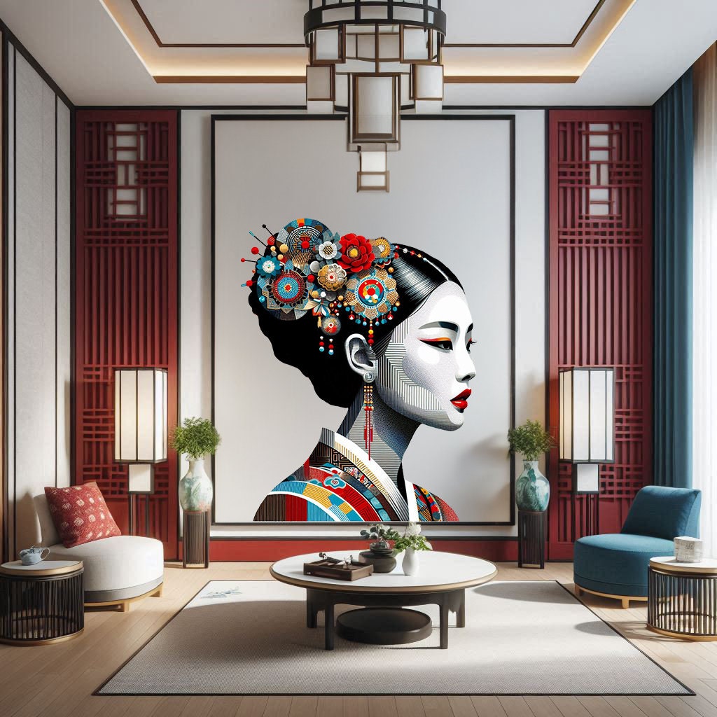 Colorful Asian Woman Portrait Wall Decal - Intricate Traditional Attire Sticker