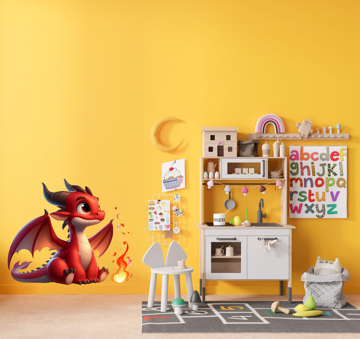 Cute Red Baby Dragon Wall Decal Sticker - Playful Fire-Breathing Dragon Wall Sticker for Kids Room