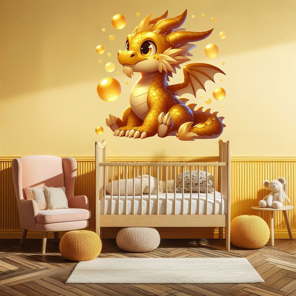 Golden Baby Dragon Wall Decal Sticker - Sparkling Fantasy Dragon Wall Decals for Kids Room
