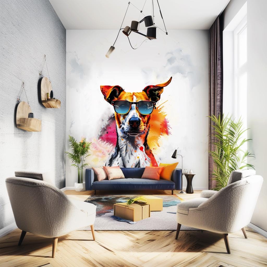 Photorealistic Jack Russell Terrier Wall Sticker - Vibrant Watercolor Dog with Sunglasses Decal