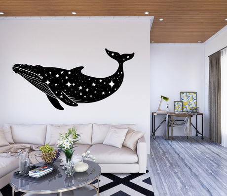 Celestial Whale Wall Sticker - Black Silhouette Whale with Stars Decal