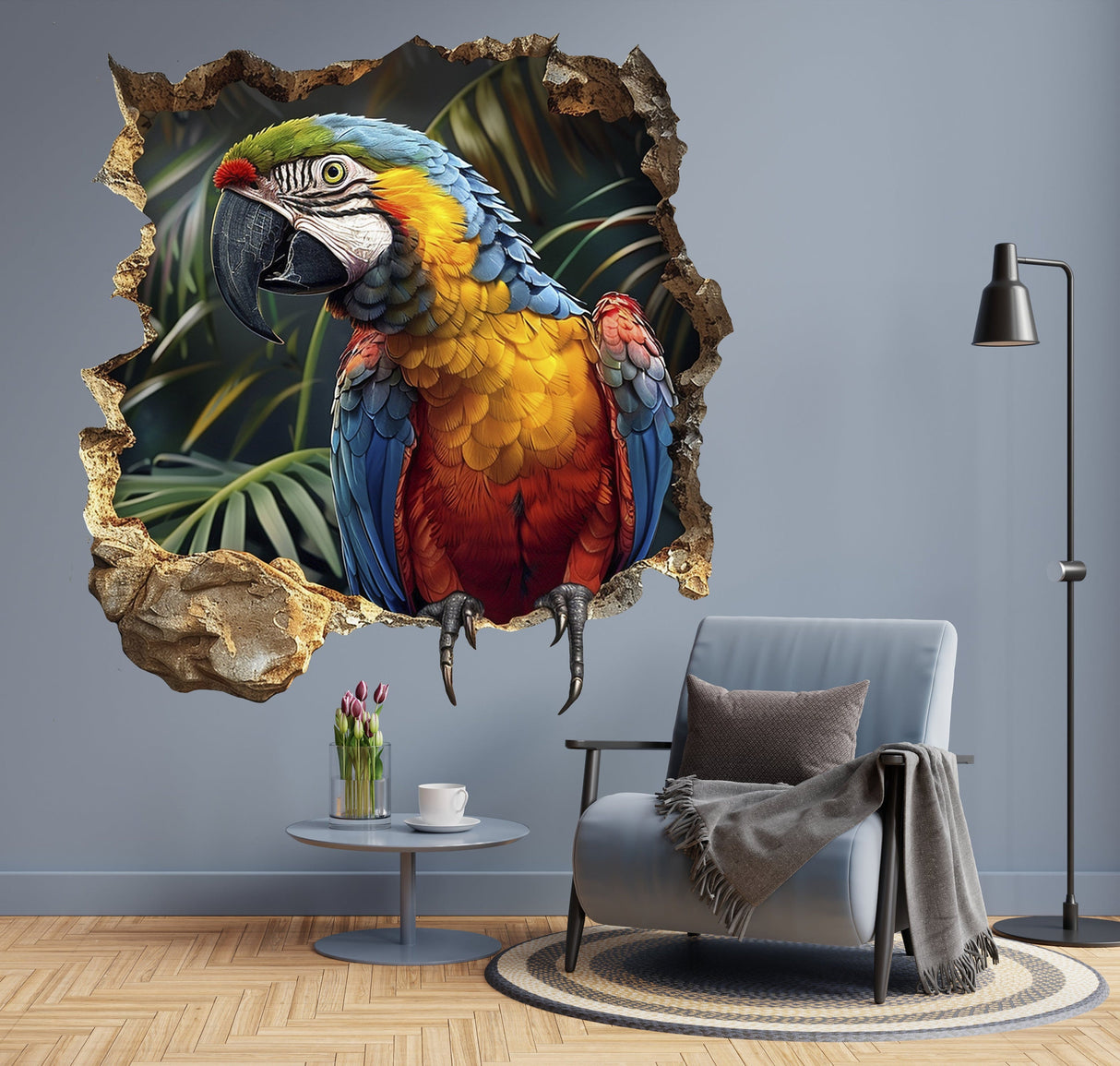 Vibrant 3D Macaw Parrot Wall Decal - Realistic Tropical Bird Sticker