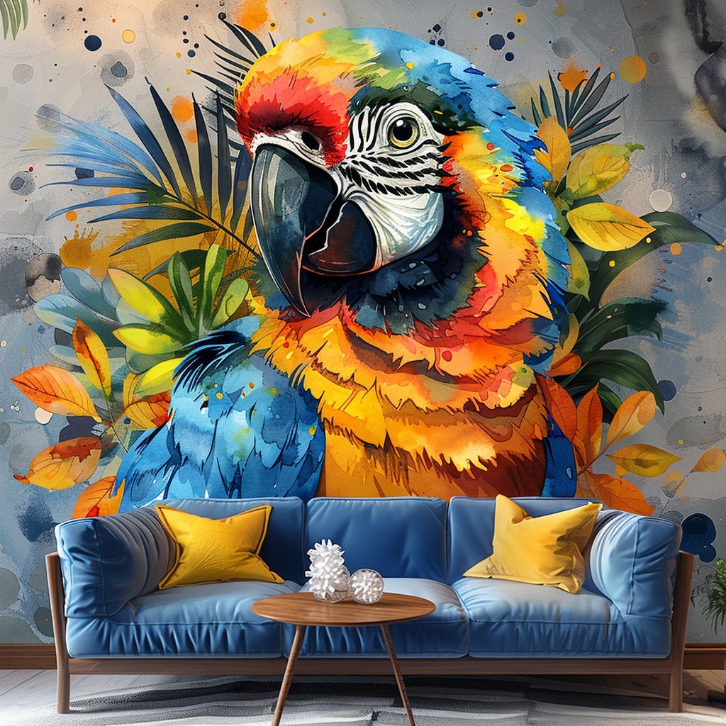 Vibrant Watercolor Macaw Parrot Wall Decal Sticker - Colorful Tropical Bird Art