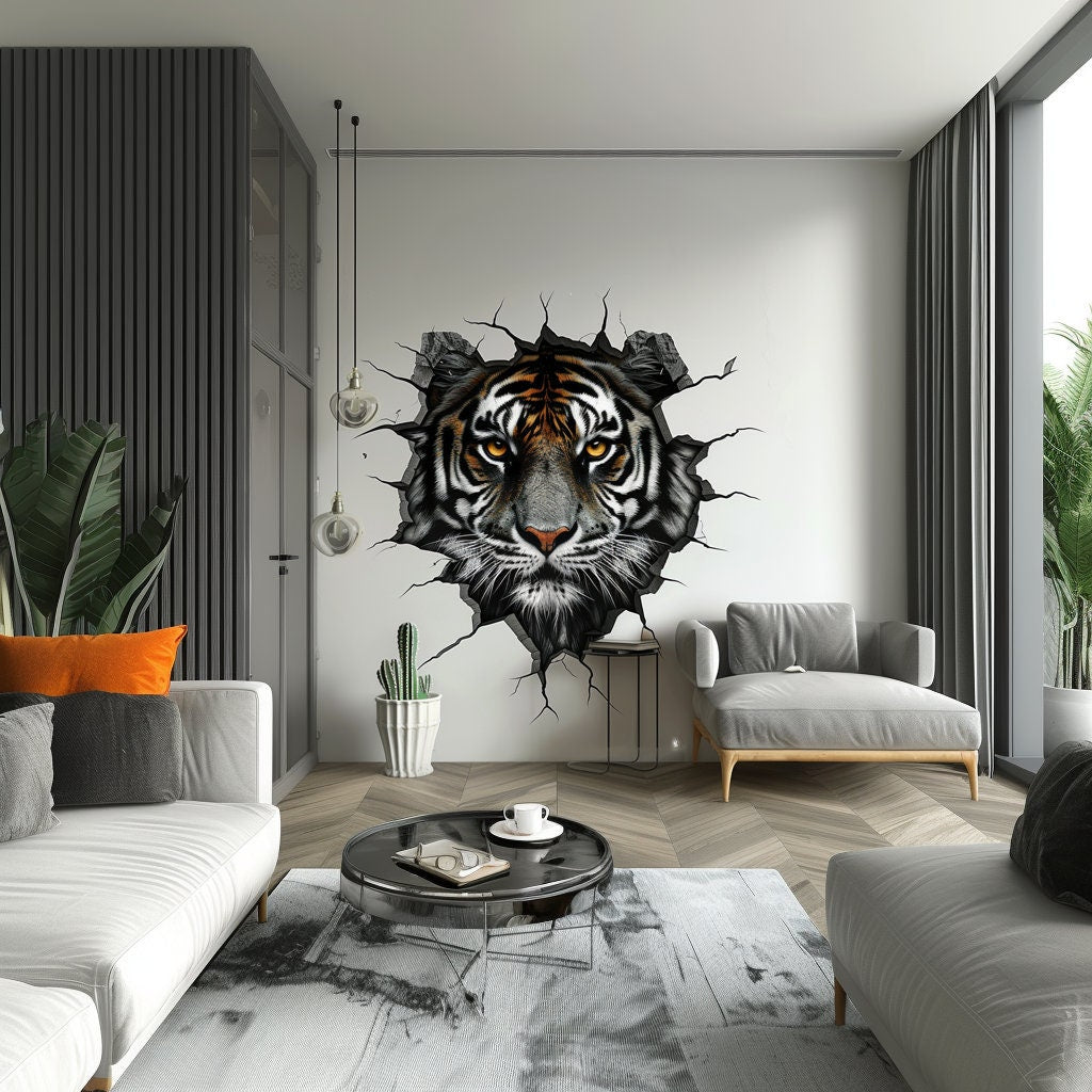 Realistic 3D Tiger Head Wall Decal - Tiger Breaking Through Wall Sticker