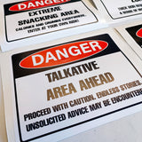 Humorous Danger Warning Label Decals | Funny Danger stickers for Office Kitchen | Witty Snacking, Sarcasm, Talkative, Coffee Area Signs