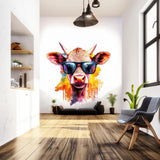 Baby Cow with Sunglasses Sticker | Colorful Watercolor Splash Art Decals | Fun Kids Room Decor | Photorealistic Animal Wall Sticker