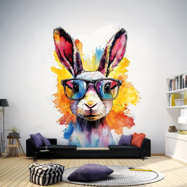 Vibrant Rabbit with Sunglasses Wall Decal | Fun Watercolor Bunny Sticker | Playful Animal Decor for Kids Room | Photorealistic Rabbit Decals