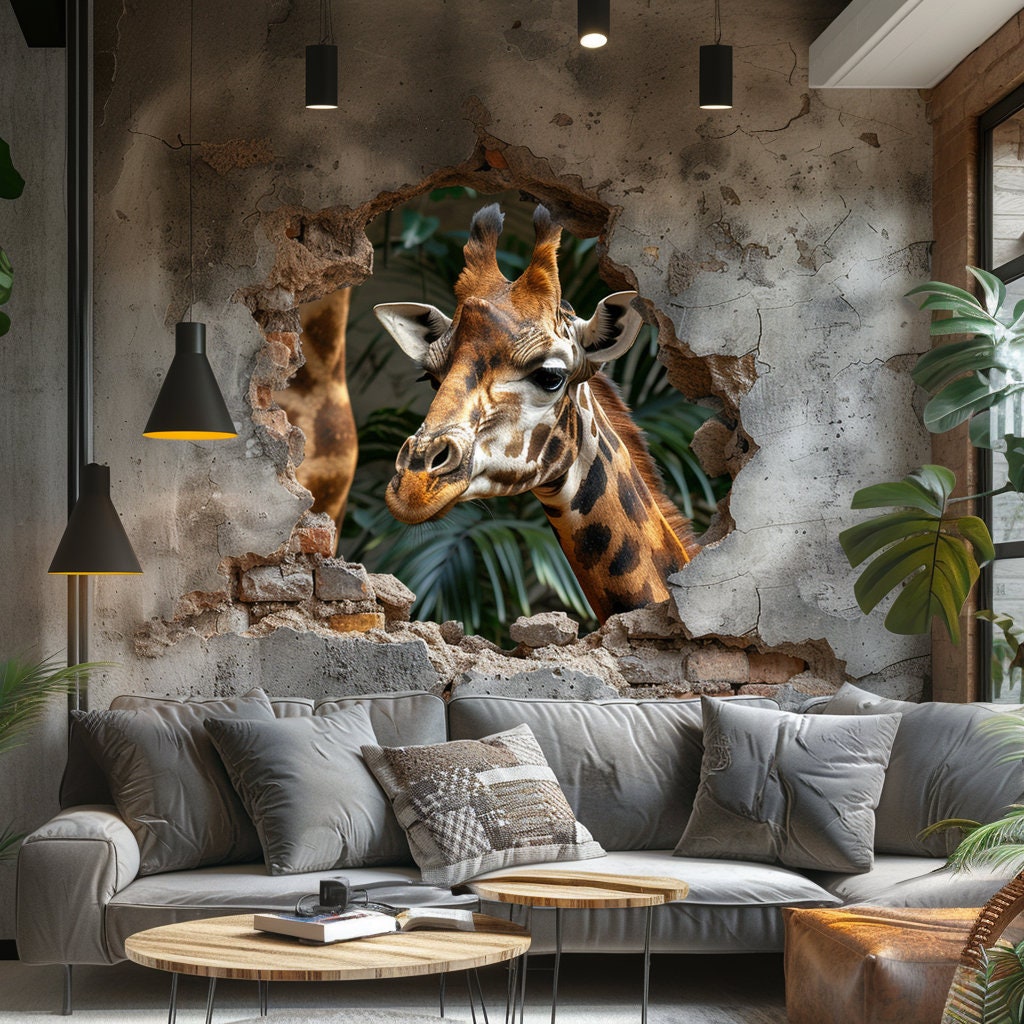 3D Giraffe Wall Decal Sticker - Realistic Giraffe Breaking Through Wall
