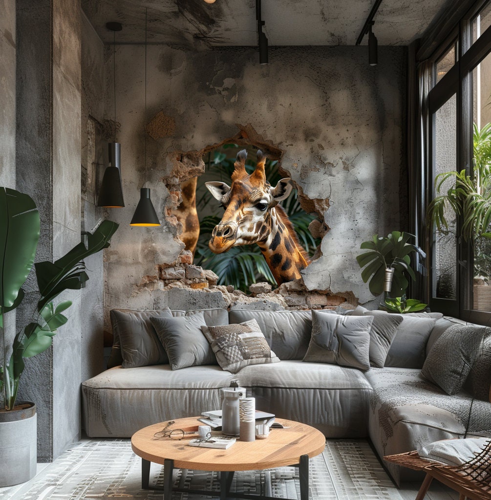 3D Giraffe Wall Decal Sticker - Realistic Giraffe Breaking Through Wall