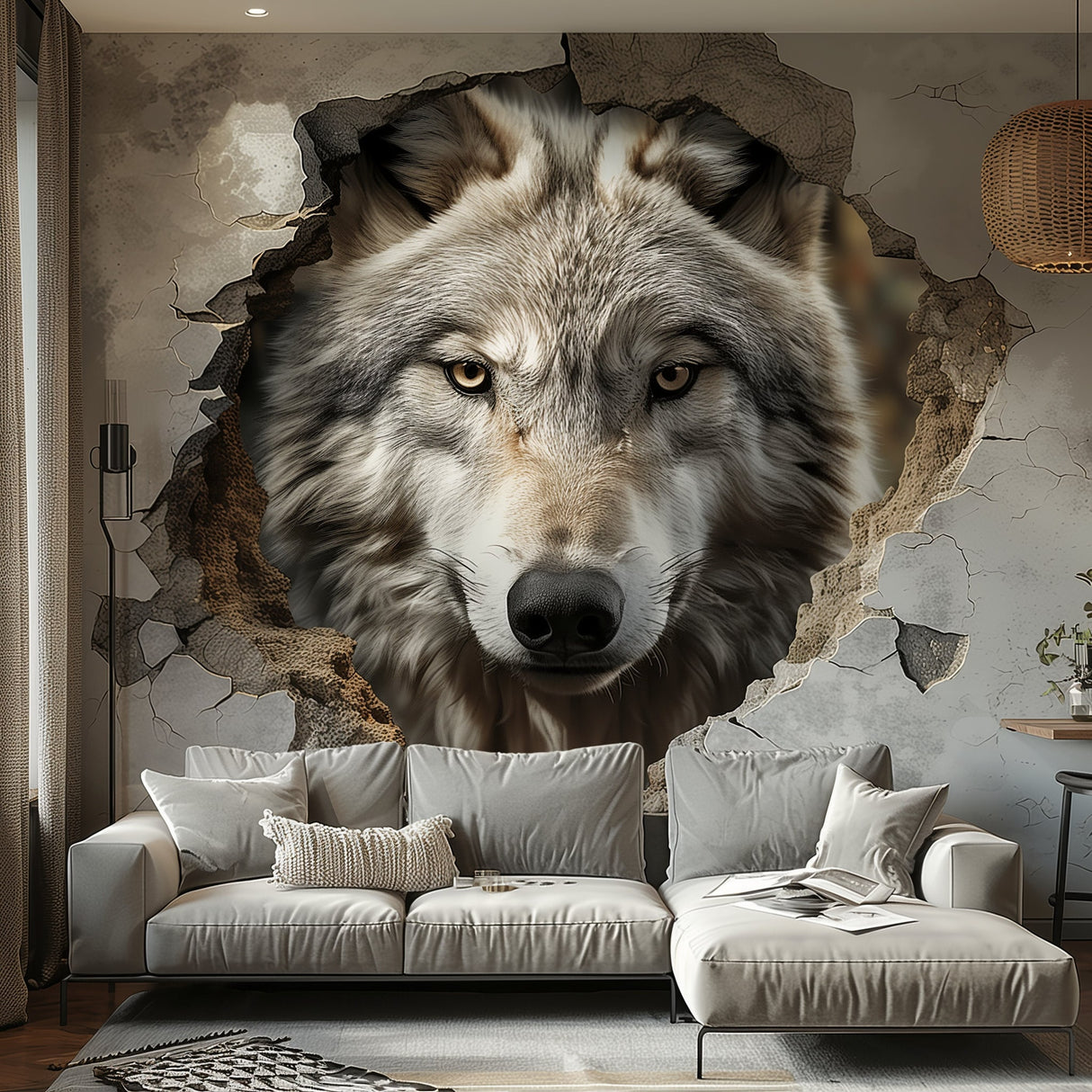 Realistic 3D Wolf Wall Decal Sticker - Majestic Wolf Breaking Through Wall