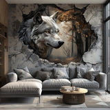 Realistic 3D Wolf Forest Wall Decal Sticker - Majestic Wolf Breaking Through Wall