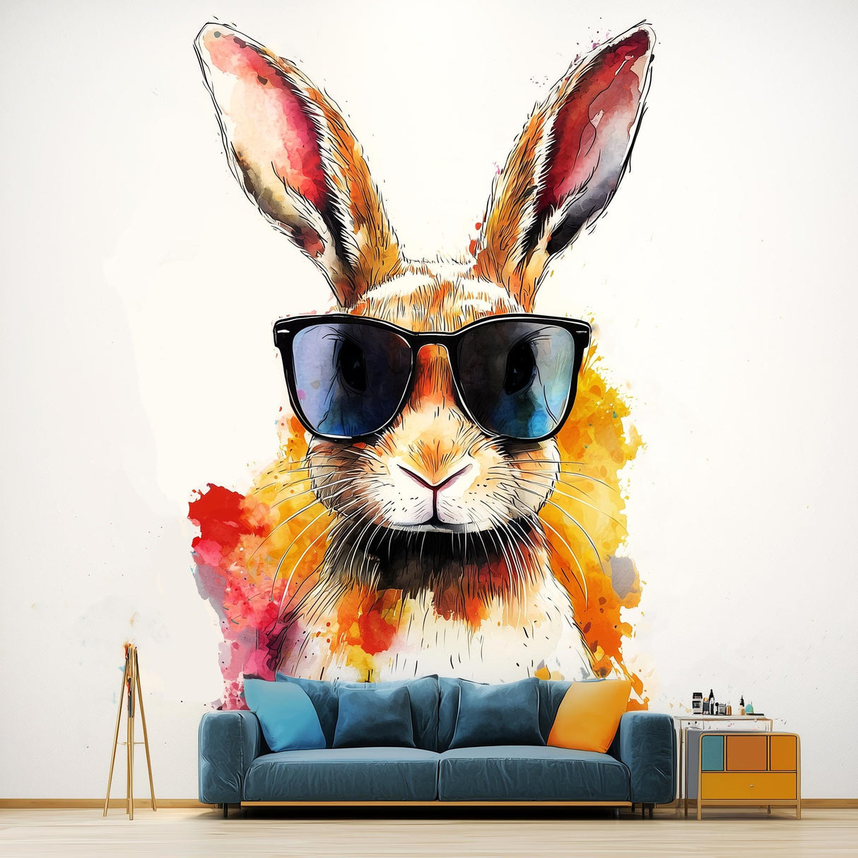Colorful Rabbit with Sunglasses Wall Decal | Fun Watercolor Art Sticker | Playful Animal Decor | Photorealistic Bunny Wall Sticker