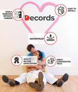 Couple enjoying wall decals with info on easy installation, waterproof, and quality features for home decor.