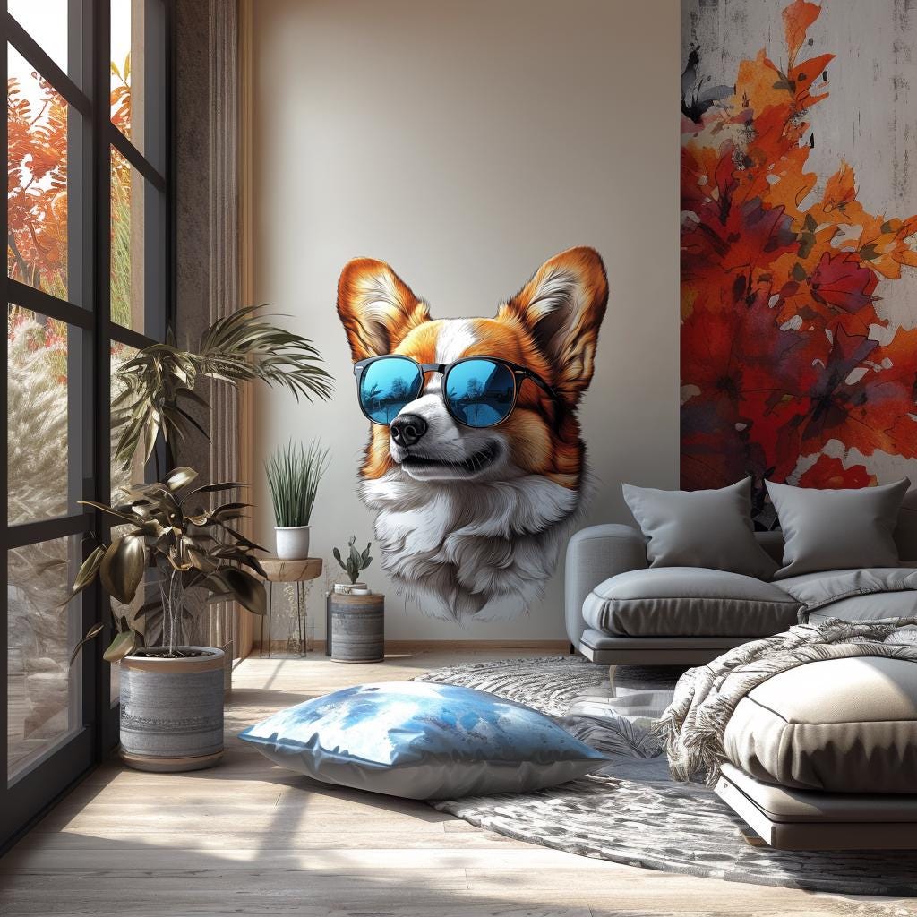 Cool Corgi with Sunglasses Wall Decal | Fun Dog Wall Art | Removable Pet Wall Sticker | Stylish Puppy Themed Room Decor for Kids Living Room