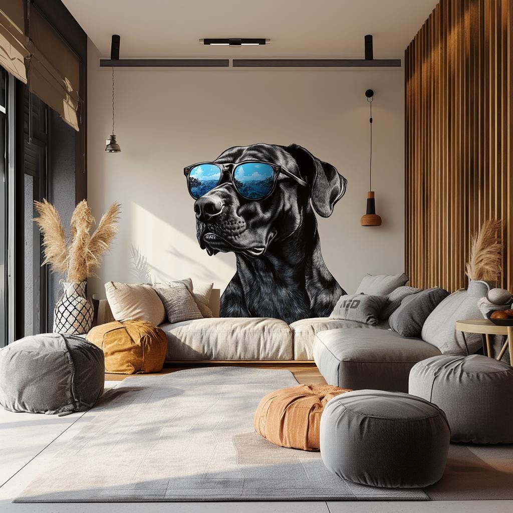 Cool Black Dog with Sunglasses Wall Decal | Stylish Great Dane Wall Art | Removable Pet Wall Sticker | Modern Puppy Themed Room Decor