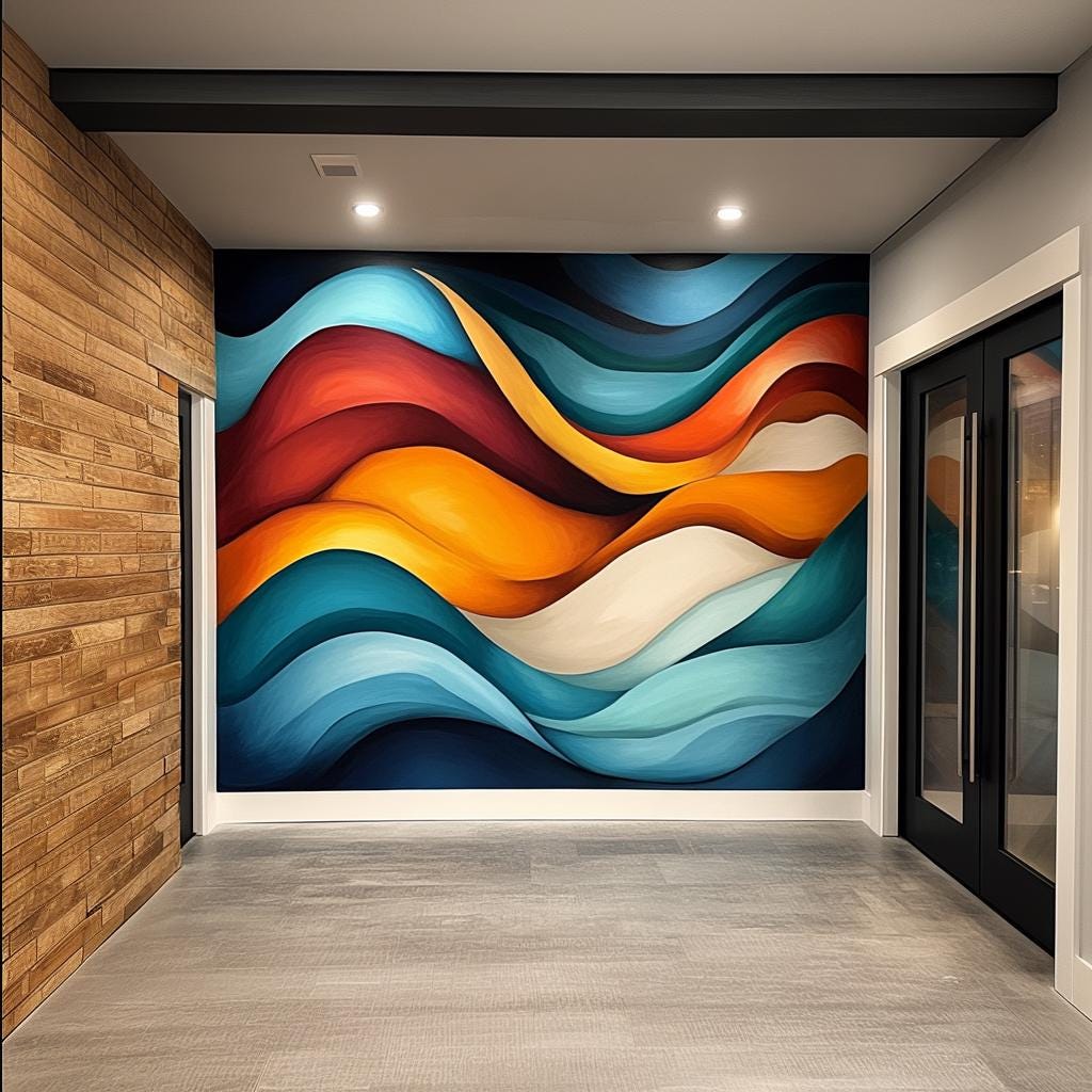 Abstract Waves Wallpaper Sticker | Large Peel and Stick Wall Mural | Colorful Vinyl Decal Art for Living Room, Office, or Lobby Decor