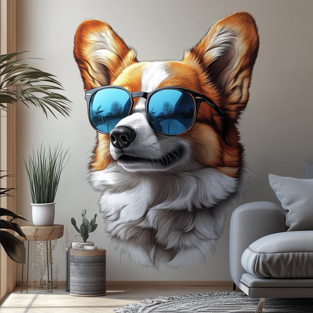Cool Corgi with Sunglasses Wall Decal | Fun Dog Wall Art | Removable Pet Wall Sticker | Stylish Puppy Themed Room Decor for Kids Living Room