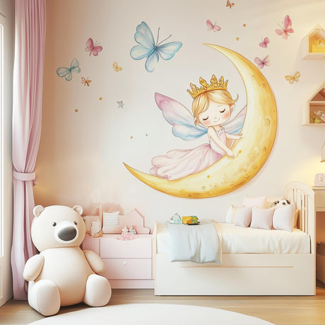 Fairy Princess on the Moon Wall Decal | Pastel Nursery Wall Art | Removable Fairy, Crescent, Butterfly Wall Sticker | Girls Room Decor