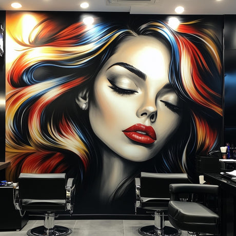 Bold Woman's Portrait Wallpaper Sticker for Barber Shop | Large Peel and Stick Wall Mural | Modern Salon Teen Beautiful Hair Decal Decor