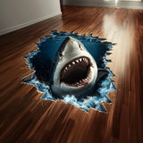 3D Shark Floor Sticker | Realistic Shark Vinyl Floor Decal | Shark Breakthrough Ocean Floor Art | Peel and Stick Vinyl Flooring Decoration