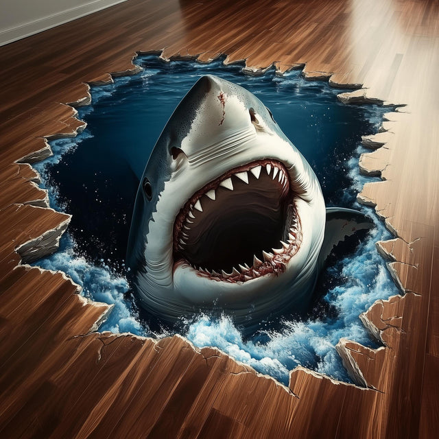 3D Shark Floor Sticker | Realistic Shark Vinyl Floor Decal | Shark Breakthrough Ocean Floor Art | Peel and Stick Vinyl Flooring Decoration