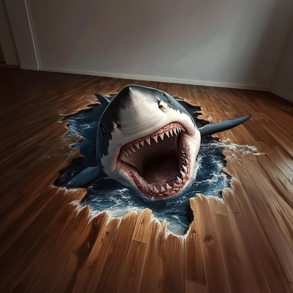 3D Shark Floor Sticker | Realistic Vinyl Shark Breaking Through Floor Decal | Ocean Themed Floor Art | Shark Attack Floor Mural