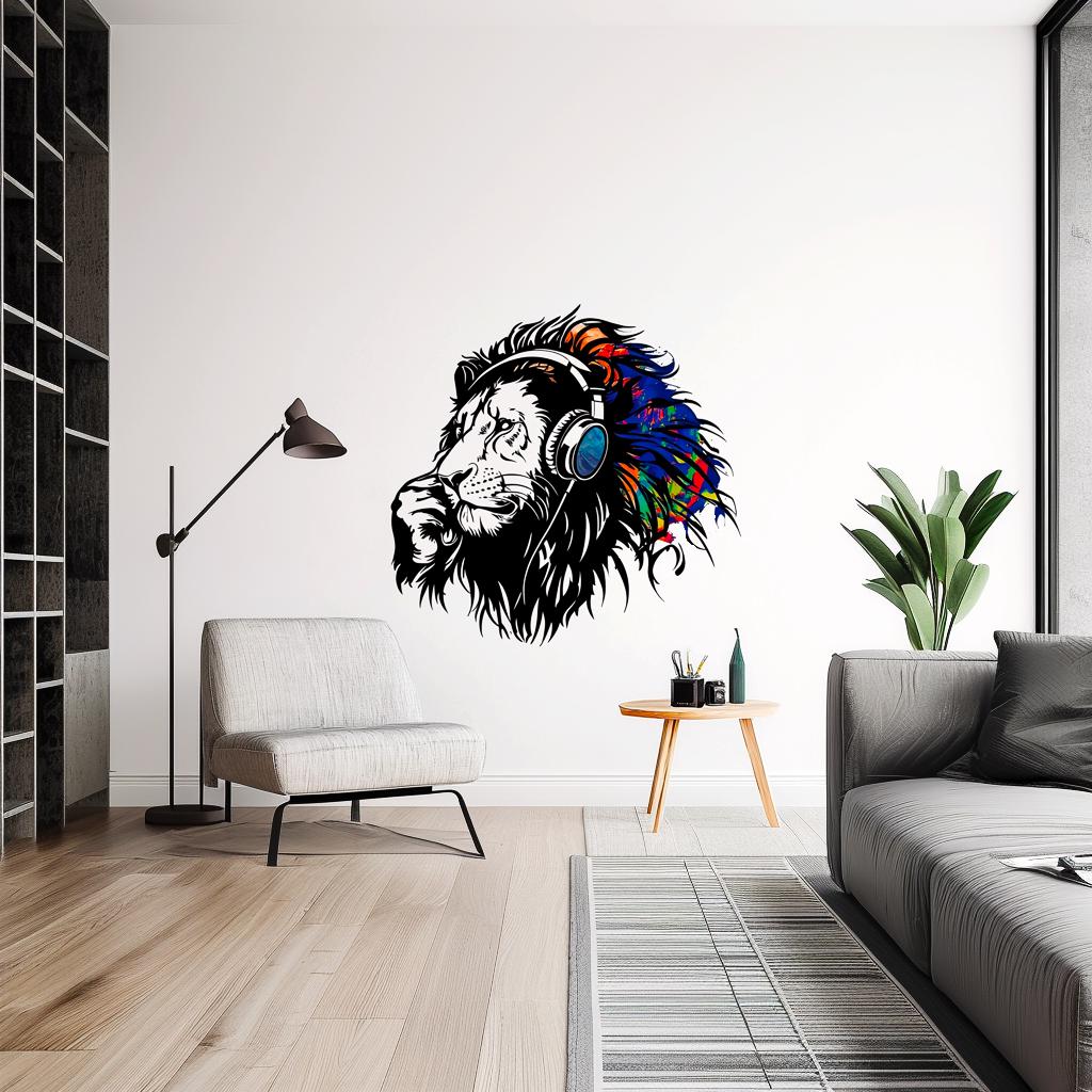 Colorful Lion Headphones Wall Sticker | Large Thinking Lion Wall Decal | Music Lover Wall Art | Vibrant Animal Vinyl Sticker Mural