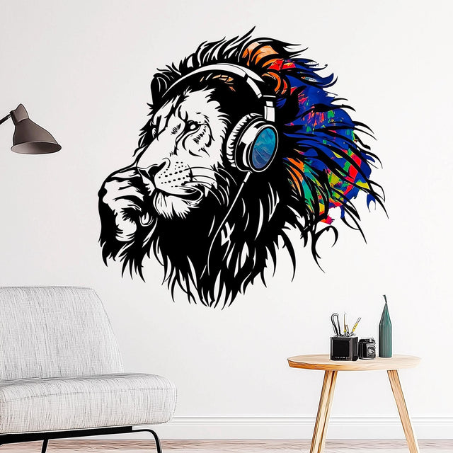 Colorful Lion Headphones Wall Sticker | Large Thinking Lion Wall Decal | Music Lover Wall Art | Vibrant Animal Vinyl Sticker Mural