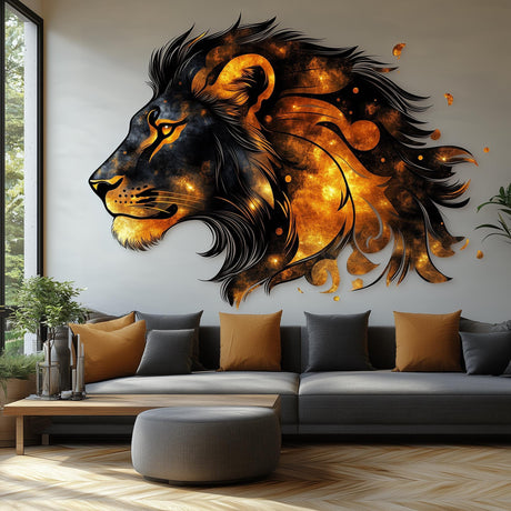 Cosmic Lion Wall Decal | Fiery 3D Lion Mural Art | Bold Animal Wall Sticker Decor for Living Room, Office, Safari & Space-Inspired Accent